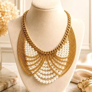 Vintage Gold Tone Chain & Faux Pearl Draped Bib Statement Necklace